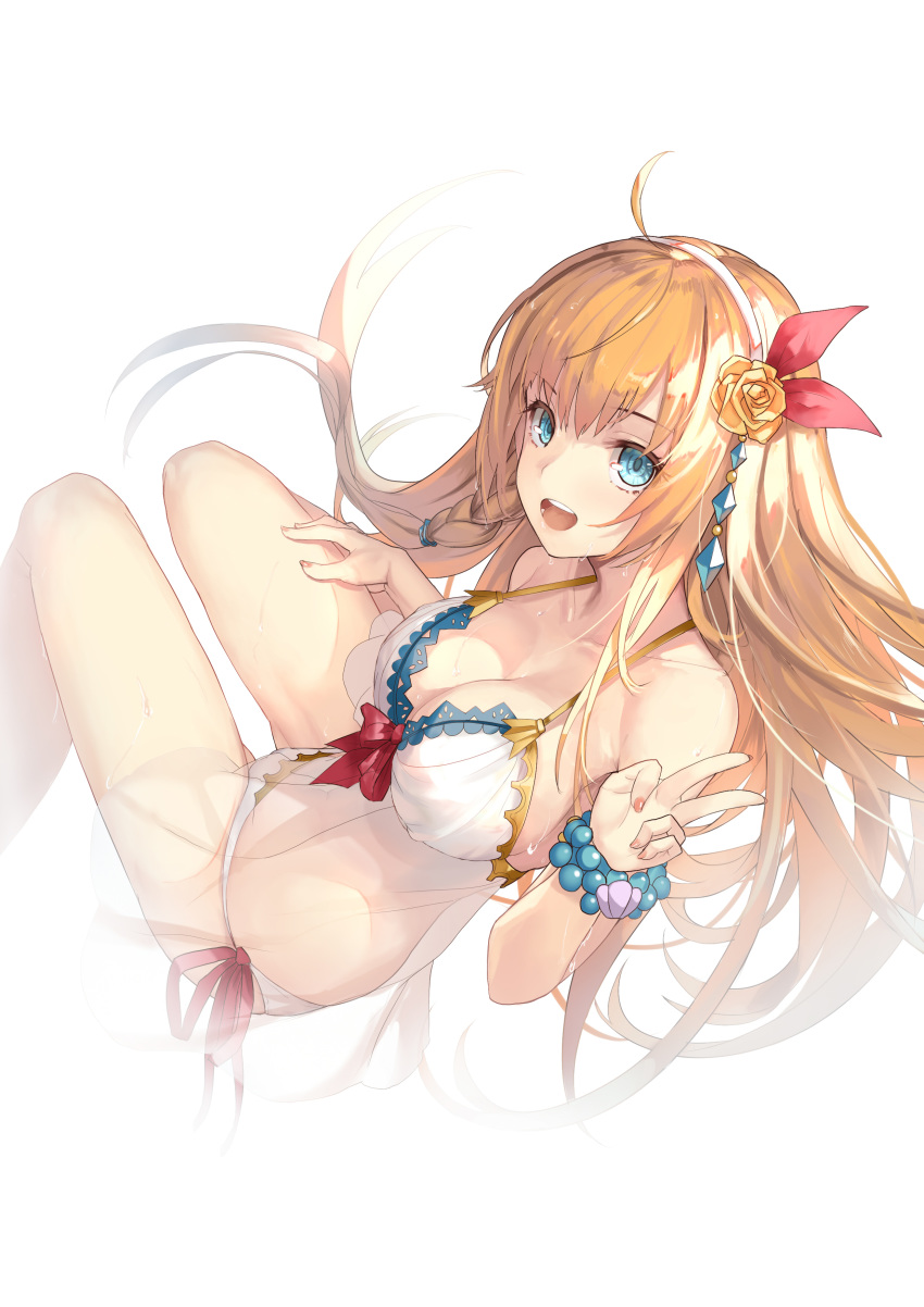 1girl :d absurdres ahoge bare_shoulders bikini blue_eyes bracelet braid breasts brown_hair cleavage hairband highres jewelry long_hair looking_at_viewer open_mouth pecorine princess_connect! princess_connect!_re:dive simple_background smile solo swimsuit teeth v very_long_hair weiyinji_xsk white_background white_bikini