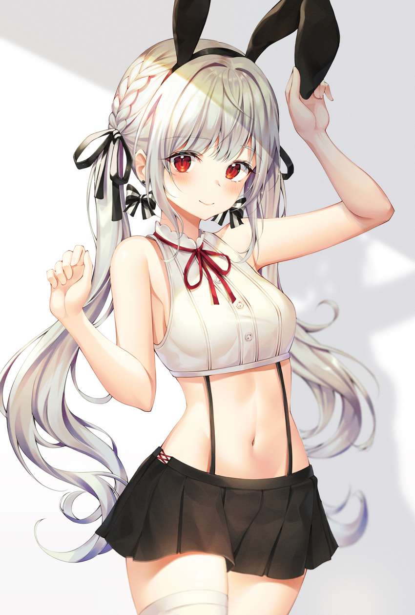 1girl animal_ears arm_up armpits bare_arms bare_shoulders black_skirt blurry braid breasts bunny_ears buttons cowboy_shot crop_top earrings fake_animal_ears french_braid garter_straps groin hair_ribbon hairband hand_up highres jewelry long_hair looking_at_viewer medium_breasts mellozzo midriff miniskirt navel neck_ribbon original pleated_skirt red_eyes red_neckwear ribbon shirt sidelocks silver_hair skirt sleeveless sleeveless_shirt smile solo stomach thighhighs thighs twintails very_long_hair white_legwear white_shirt zettai_ryouiki