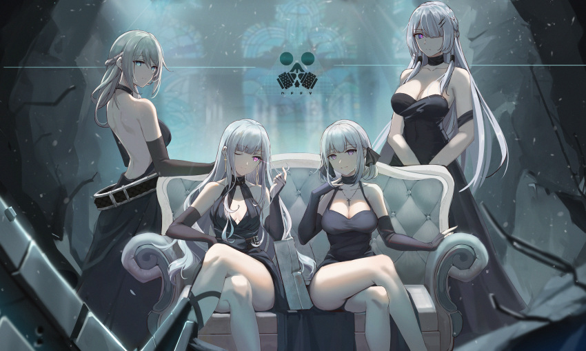 4girls absurdres ak-12_(girls_frontline) ak-15_(girls_frontline) an-94_(girls_frontline) arm_support armlet backless_dress backless_outfit bangs bare_shoulders braid breasts changpan_hutao cleavage closed_mouth collarbone couch cross cross_necklace crossed_legs defy_(girls_frontline) dress earrings elbow_gloves evening_gown eyebrows_visible_through_hair french_braid girls_frontline gloves glowing glowing_eyes green_eyes hair_between_eyes hair_ornament hair_over_one_eye hair_ribbon hair_tubes hairclip halterneck highres huge_filesize jewelry large_breasts long_hair looking_at_viewer multiple_girls necklace one_eye_closed pale_skin purple_eyes ribbon rpk-16_(girls_frontline) sidelocks silver_hair sitting smile standing thighs