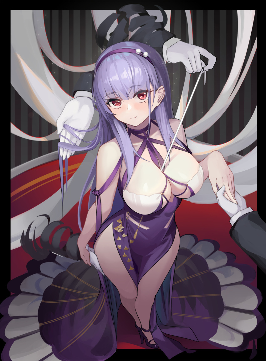 1girl alternate_costume alternate_hairstyle azur_lane bare_shoulders breasts cleavage cocktail_dress criss-cross_halter dido_(anxious_bisque_doll)_(azur_lane) dido_(azur_lane) disembodied_limb dress eyebrows_visible_through_hair gloves hairband halter_dress halterneck hands_on_another's_thigh highres komi_(komiking) large_breasts long_dress long_hair looking_at_viewer multiple_hands purple_dress purple_hair purple_hairband purple_headband red_eyes solo white_gloves