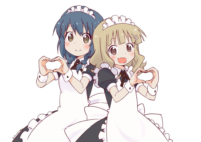 2girls :d alternate_costume back-to-back blonde_hair blue_hair blush braid brown_eyes commentary enmaided eyebrows_visible_through_hair fang finger_heart furutani_himawari hair_ornament hairclip highres long_hair looking_at_viewer maid maid_headdress moe_moe_kyun! multiple_girls oomuro_sakurako open_mouth shirakawa_mayumi skin_fang smile twin_braids white_background wrist_cuffs yuru_yuri