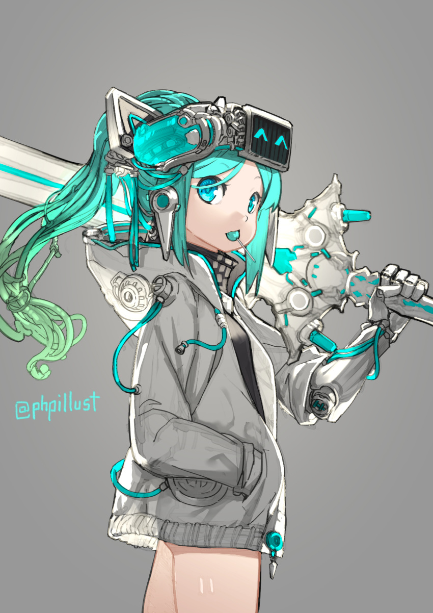 1girl android aoi_tsunami aqua_hair asymmetrical_sleeves bangs black_shirt blue_eyes candy commentary_request food food_in_mouth gradient_hair green_hair grey_background grey_jacket hand_in_pocket heads-up_display highres holding holding_sword holding_weapon hood hood_down hooded_jacket jacket lollipop long_hair long_sleeves mouth_hold multicolored_hair open_clothes open_jacket original parted_bangs ponytail shirt short_sleeves simple_background solo sword twitter_username weapon