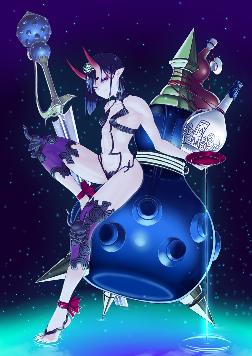 1girl absurdres alcohol ankle_ribbon bangs bare_shoulders barefoot_sandals blue_background bob_cut bottle breasts collarbone cup eyeliner fate/grand_order fate_(series) feet gourd gradient gradient_background haiiro_gundan headpiece highres horns knee_up legs looking_at_viewer makeup navel oni oni_horns pointy_ears pouring purple_eyes purple_hair red_ribbon revealing_clothes ribbon ripples sakazuki sake short_hair shuten_douji_(fate/grand_order) skin-covered_horns small_breasts smile