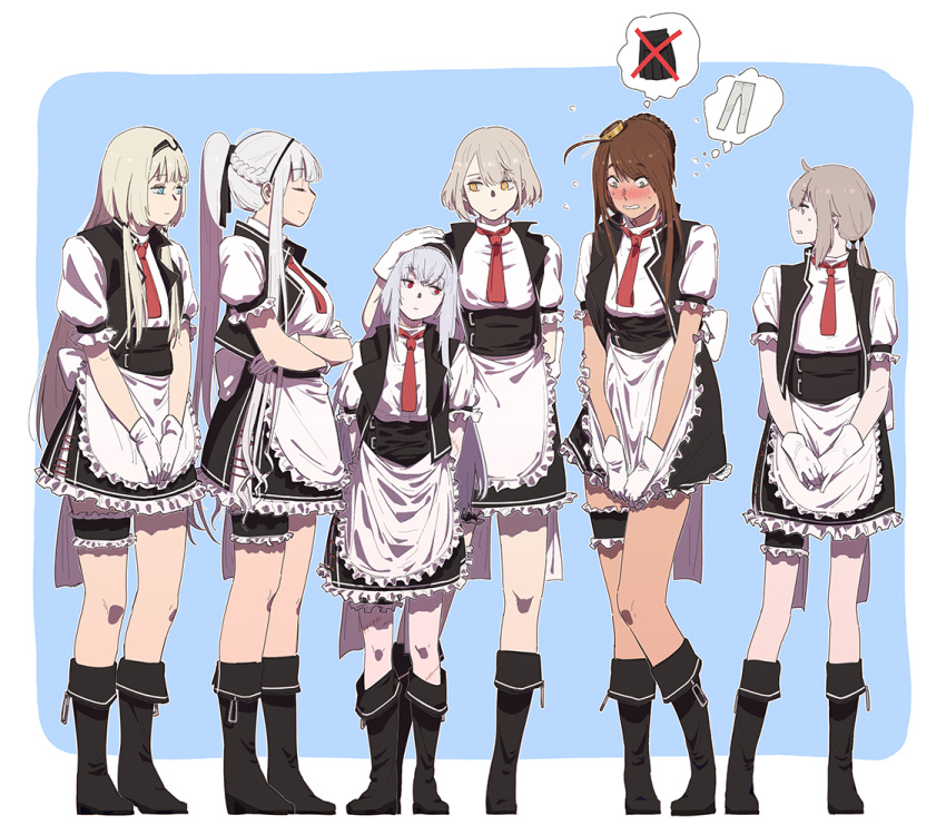 6+girls ak-12_(girls_frontline) alternate_costume an-94_(girls_frontline) blonde_hair blush braid brown_hair character_request closed_eyes commentary_request cosplay crossed_arms enmaided french_braid g36_(girls_frontline) g36_(girls_frontline)_(cosplay) girls_frontline green_eyes hand_on_another's_head height_difference huqu lavender_eyes lee-enfield_(girls_frontline) low_ponytail m200_(girls_frontline) maid multiple_girls red_eyes silver_hair sweatdrop thunder_(girls_frontline) vector_(girls_frontline) yellow_eyes