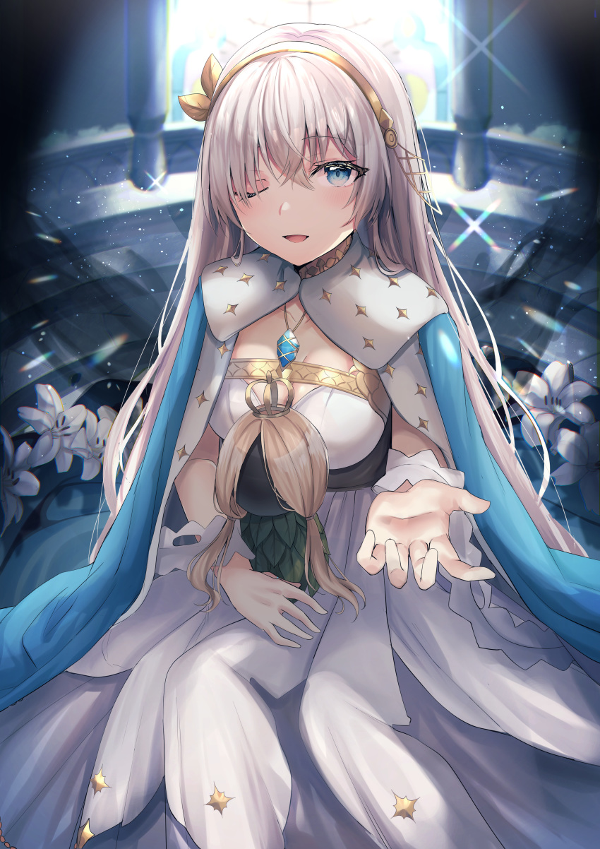 1girl absurdres anastasia_(fate/grand_order) bangs blue_cloak blue_eyes blush breasts cloak doll dress fate/grand_order fate_(series) flower fou_(ssqseeker) fur_trim hair_over_one_eye hairband highres holding holding_doll jewelry large_breasts long_hair looking_at_viewer necklace one_eye_closed open_mouth outstretched_arm pendant silver_hair sitting smile sparkle viy white_dress