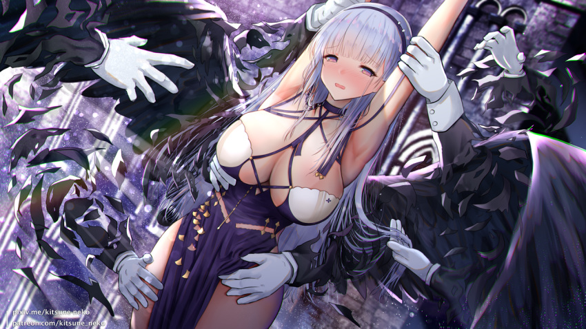 1girl armpits arms_up artist_name azur_lane black_wings blush breasts cleavage criss-cross_halter dido_(anxious_bisque_doll)_(azur_lane) dido_(azur_lane) disembodied_limb dress eyebrows_visible_through_hair feathered_wings feathers hairband halter_dress halterneck hands_on_another's_thigh kitsune-neko large_breasts large_wings long_dress long_hair looking_at_viewer multiple_hands pink_eyes purple_dress purple_hair purple_hairband purple_headband skindentation wings