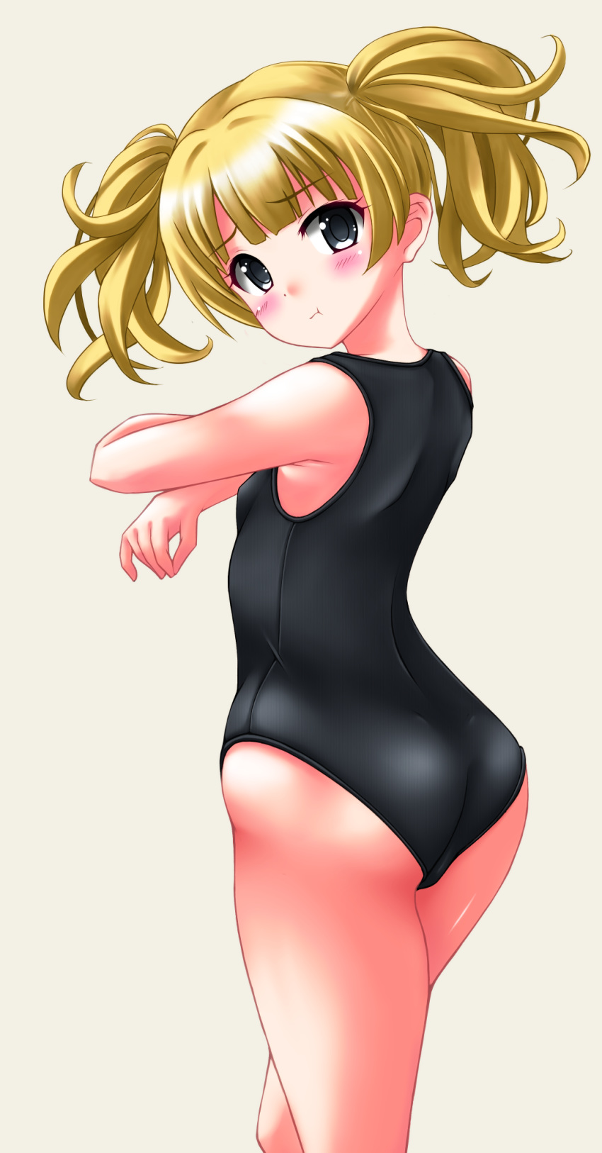 1girl black_eyes black_swimsuit blonde_hair commentary_request cowboy_shot from_behind highres kaze_makase long_hair looking_at_viewer monika_weisswind princess_connect! princess_connect!_re:dive school_swimsuit simple_background solo swimsuit twintails wavy_hair white_background