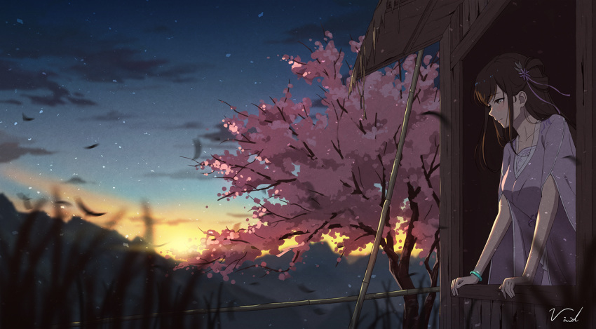 bibido brown_eyes brown_hair chinese_clothes clouds long_hair scenic signed sky sunset tears tree wristwear