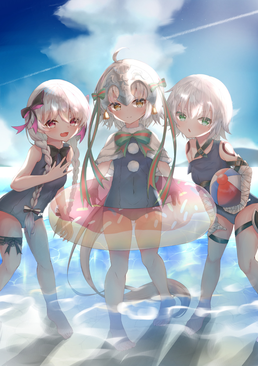 3girls absurdres arm_belt artist_request backlighting ball bandaged_arm bandages bangs beach beachball black_bow blue_sky blue_swimsuit blush bow braid breasts capelet fate/apocrypha fate/extra fate/grand_order fate_(series) fur-trimmed_capelet fur_trim green_bow green_eyes green_ribbon headpiece highres innertube jack_the_ripper_(fate/apocrypha) jeanne_d'arc_(fate)_(all) jeanne_d'arc_alter_santa_lily legs light_rays long_hair looking_at_viewer multiple_girls nursery_rhyme_(fate/extra) ocean one-piece_swimsuit open_mouth ribbon school_swimsuit short_hair shoulder_tattoo silver_hair sky small_breasts smile striped striped_bow striped_ribbon summer_little swimsuit tattoo twin_braids wading water white_capelet