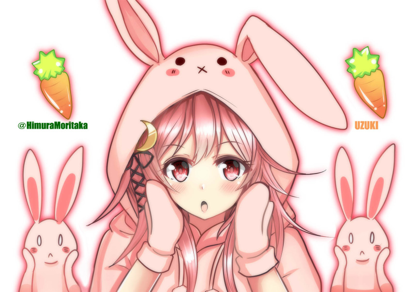 1girl animal animal_hood blush bunny bunny_hood carrot character_name eyebrows_visible_through_hair fire_maxs food hair_between_eyes highres hood kantai_collection long_hair open_mouth pink_eyes pink_hair simple_background solo twitter_username upper_body uzuki_(kantai_collection) vegetable very_long_hair white_background