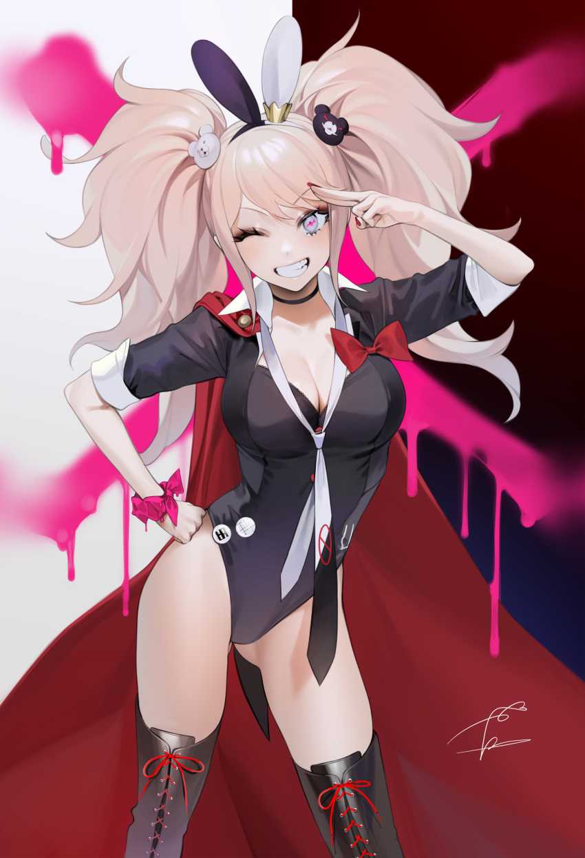 1girl ;d absurdres animal_ears arm_up ass_visible_through_thighs black_legwear black_leotard blue_eyes boots breasts brown_hair bunny_ears bunny_girl bunnysuit cape choker cleavage commentary_request contrapposto cowboy_shot danganronpa enoshima_junko fake_animal_ears grin hair_ornament hand_on_hip highleg highleg_leotard highres large_breasts leotard long_hair looking_at_viewer necktie ohisashiburi one_eye_closed open_mouth pink_ribbon purple_eyes ribbon short_sleeves signature smile solo spray_paint standing thigh_boots thighhighs thighs twintails white_neckwear wrist_ribbon