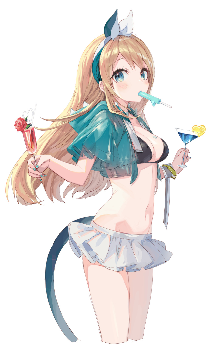 1girl absurdres aqua_jacket aqua_nails bangs bikini bikini_top bikini_under_clothes black_bikini blonde_hair blue_eyes blue_jacket blush bracelet breasts cat_tail cleavage commentary_request crazy_straw crop_top cropped_jacket cropped_legs cup drink drinking_glass drinking_straw eyebrows_visible_through_hair flower food food_in_mouth hair_ribbon hairband heart heart_straw highres holding holding_cup hood hood_down hooded_jacket jacket jewelry long_hair looking_at_viewer medium_breasts miniskirt mouth_hold nail_polish navel open_clothes open_jacket original pleated_skirt popsicle red_flower red_rose ribbon rose short_sleeves sidelocks simple_background skirt solo stomach swimsuit tail tropical_drink two-tone_hairband very_long_hair white_background white_ribbon white_skirt yu-ri