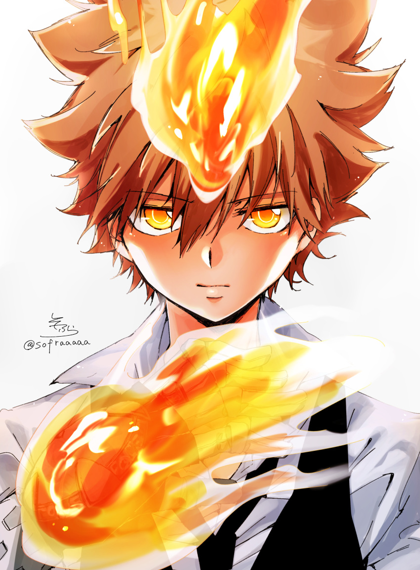 1boy absurdres bangs black_gloves black_neckwear black_vest brown_hair closed_mouth collared_shirt eyebrows_visible_through_hair fingerless_gloves fire gloves hair_between_eyes hand_up highres katekyo_hitman_reborn! looking_at_viewer male_focus orange_eyes sawada_tsunayoshi shirt signature simple_background sofra solo twitter_username upper_body vest white_background white_shirt x_gloves_(reborn)