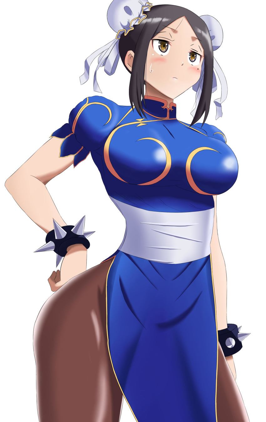 1girl absurdres alternate_costume black_hair black_legwear blue_dress blush bracelet breasts brown_eyes brown_legwear bun_cover china_dress chinese_clothes chun-li chun-li_(cosplay) commentary_request cosplay double_bun dress dumbbell_nan_kilo_moteru? eyebrows_visible_through_hair hand_on_hip highres jewelry large_breasts long_hair pantyhose puffy_short_sleeves puffy_sleeves sash short_sleeves simple_background solo spiked_bracelet spikes standing street_fighter sweatdrop tachibana_satomi thighs toymark white_background