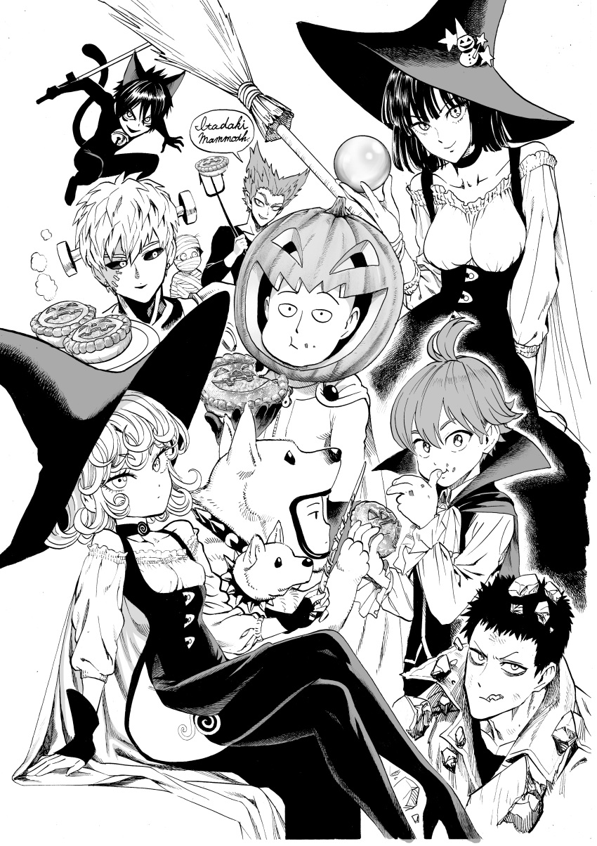 2girls 6+boys absurdres animal_ears bandages bangs bare_shoulders bell bell_collar black_sclera blunt_bangs blunt_ends breasts broom cape cat_boy cat_ears cat_tail character_request choker cigarette collar collarbone crystal_ball curly_hair doutei_(one-punch_man) eating food fubuki_(one-punch_man) garou_(one-punch_man) genos hat high_heels highres holding holding_food jack-o'-lantern looking_at_viewer medium_breasts monochrome multiple_boys multiple_girls mummy murata_yuusuke one-punch_man onsoku_no_sonic pie polearm saitama_(one-punch_man) short_hair simple_background sitting small_breasts smile speech_bubble spiked_collar spikes stitches tail tatsumaki thighhighs trench_coat trident weapon white_background witch_hat zombieman