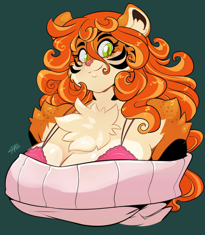 anthro bra breasts bust_portrait chalo clothing felid female hair hi_res long_hair looking_at_viewer mammal orange_hair pantherine portrait smiles solo sweater tiger topwear underwear