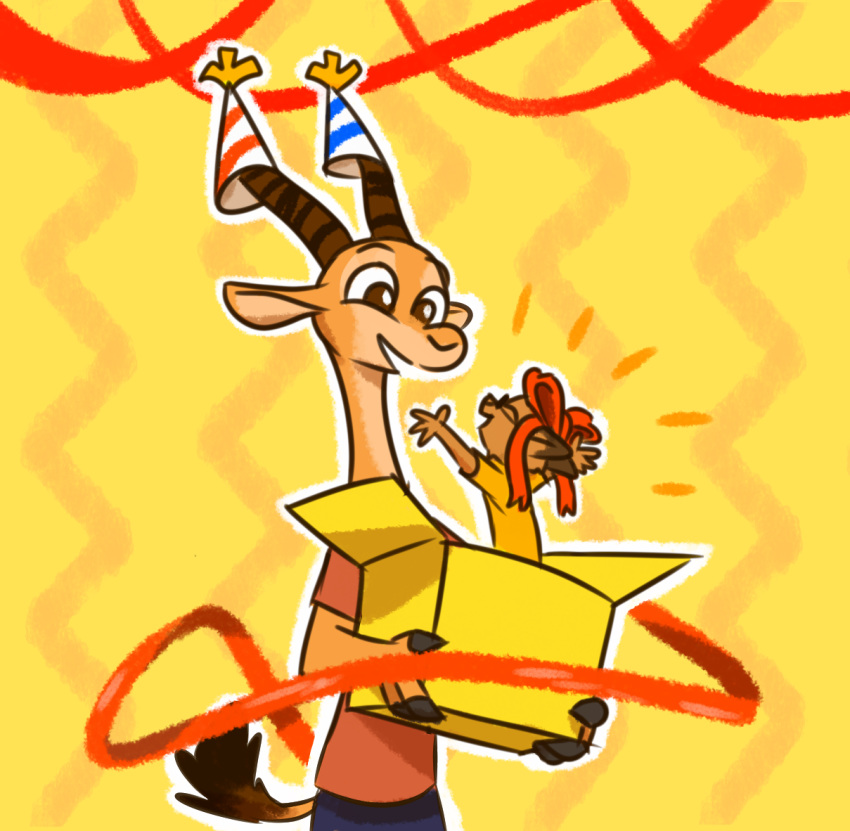 2020 antelope anthro banded_linsang bovid brown_body brown_eyes brown_fur cardboard_box chico_(fuel) clothing duo fur gazelle hat headgear headwear holding_object horn linsang mammal open_mouth open_smile party_hat simple_background smile standing theblueberrycarrots ty_(appleseed) viverrid yellow_background