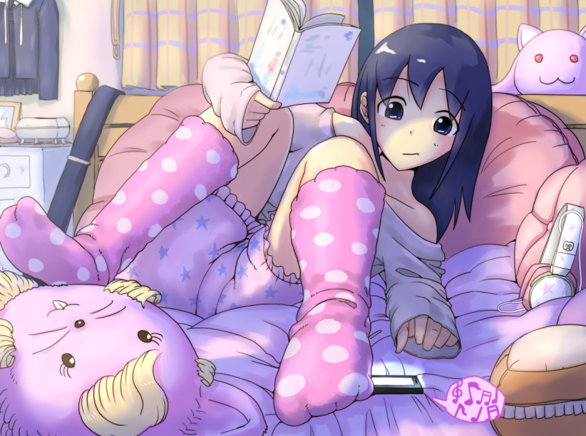 1girl ass bed bed_sheet bedroom beige_shirt black_hair book cellphone commentary_request curtains cushion drawer eyebrows_visible_through_hair headphones holding holding_book indoors kitaura_sou kyubey long_hair looking_at_object mahou_shoujo_madoka_magica musical_note nemoto_hina on_bed pajamas phone pillow pink_legwear polka_dot polka_dot_legwear shorts sitting sitting_on_bed socks solo spoken_musical_note star_(symbol) star_print themed_object watashi_ga_motenai_no_wa_dou_kangaetemo_omaera_ga_warui! younger