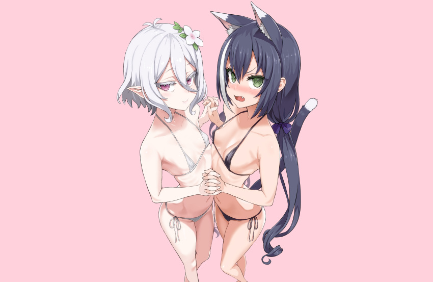 2girls animal_ears asanagi bikini black_hair blush catgirl fang flat_chest gray_hair green_eyes karyl kokkoro navel pink pointed_ears princess_connect! purple_eyes short_hair swimsuit tail twintails