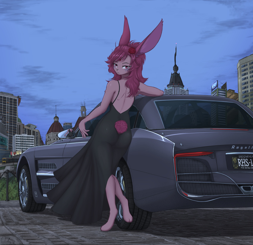 absurd_res animal_humanoid anthro car city_background clothed clothing detailed detailed_background dress female final_fantasy final_fantasy_xiv final_fantasy_xv hi_res humanoid lagomorph lagomorph_humanoid looking_at_viewer looking_back mammal mammal_humanoid orang111 solo square_enix vehicle video_games viera