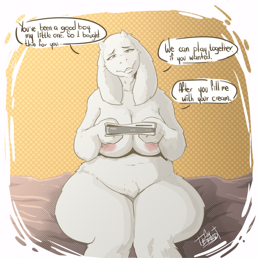 1:1 absurd_res anthro bed big_breasts boss_monster bovid breasts caprine cumbread dialogue female foreplay fur furniture goat hi_res horn mammal playstation_5 solo thick_thighs toriel undertale video_games wide_hips