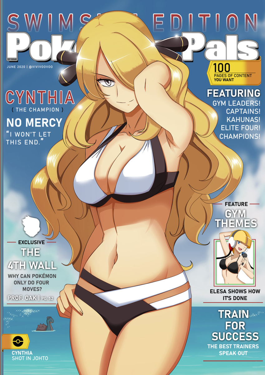 1boy 2girls arm_behind_head arm_up armpits bangs bare_arms bare_shoulders bikini blonde_hair blue_eyes breasts character_name cleavage closed_mouth collarbone commentary cover day elite_four english_commentary english_text fake_cover fake_magazine_cover gen_1_pokemon hair_ornament hair_over_one_eye hand_in_hair hand_on_hip headphones highres holding holding_microphone horizon kamitsure_(pokemon) lapras long_hair looking_at_viewer magazine_cover microphone multicolored multicolored_clothes multicolored_swimsuit multiple_girls navel ocean one_eye_closed ookido_yukinari open_mouth outdoors parted_bangs pinup pokemon pokemon_(creature) pokemon_(game) shiny shiny_hair shirona_(pokemon) short_hair silhouette silver_eyes sky smile solo_focus stomach swimsuit vivivoovoo water