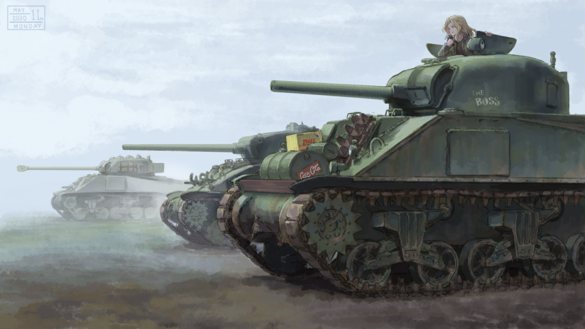 1girl blonde_hair caterpillar_tracks cloud coca-cola dhl girls_und_panzer ground_vehicle highres kay_(girls_und_panzer) long_hair m4_sherman microphone military military_vehicle motor_vehicle sherman_firefly sky solo tank uniform useless