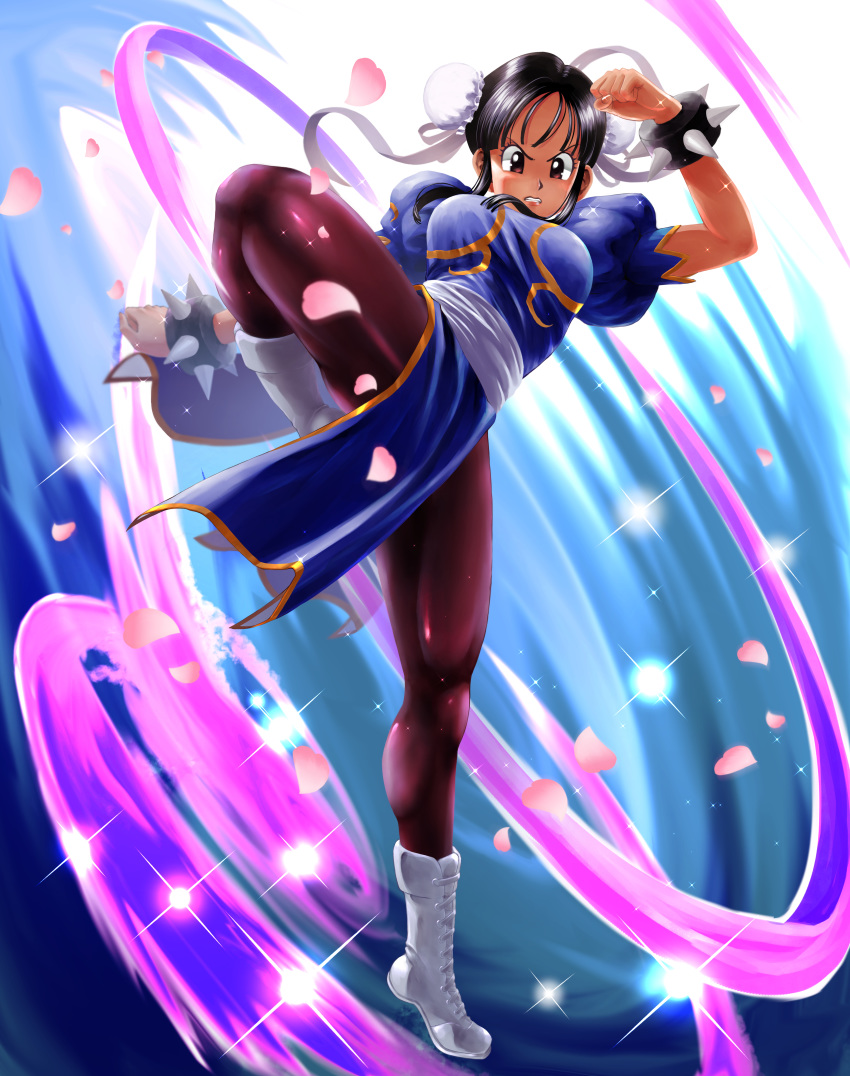 1girl absurdres alternate_costume black_eyes black_hair blue_dress boots bracelet breasts brown_legwear bun_cover chi-chi_(dragon_ball) china_dress chinese_clothes chun-li chun-li_(cosplay) cosplay cross-laced_footwear double_bun dragon_ball dragon_ball_(classic) dress fighting_stance full_body highres jewelry knee_boots long_hair looking_at_viewer nagare_seiya pantyhose puffy_short_sleeves puffy_sleeves sash short_sleeves solo spiked_bracelet spikes standing street_fighter thighs white_footwear