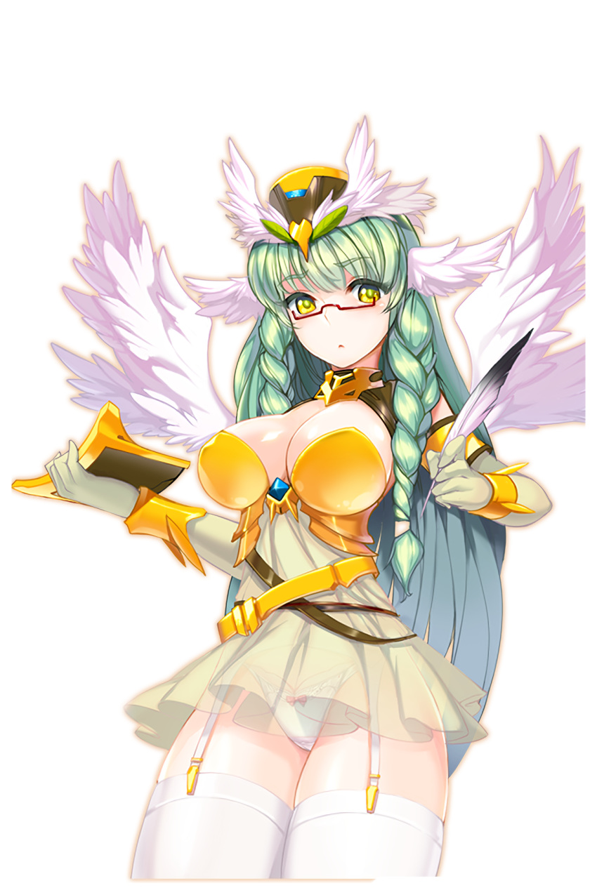 1girl angel angel_wings braid breasts dress feathered_wings feathers garter_straps glasses green_hair hat highres holding large_breasts long_hair official_art panties raguel_(soccer_spirits) see-through snowball22 soccer_spirits thighhighs twin_braids underwear white_panties wings yellow_dress yellow_eyes