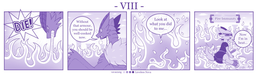 4koma ambiguous_gender anthro braver_(character) clothing comic dialogue dragon duo english_text feral hi_res kobold mask monochrome purple_theme text vavacung