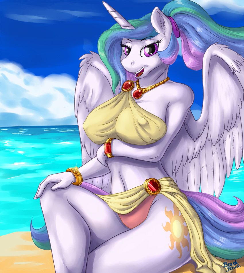 anthro anthrofied big_breasts breasts brushstroke crossed_legs equid female friendship_is_magic hi_res horn jewelry looking_at_viewer mammal my_little_pony necklace nipple_outline princess_celestia_(mlp) solo water winged_unicorn wings