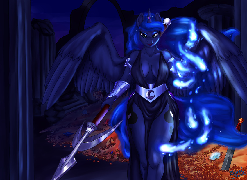 absurd_res anthro anthrofied big_breasts breasts brushstroke cleavage_cutout clothed clothing coin dress equid fire friendship_is_magic hi_res holding_object horn mammal melee_weapon my_little_pony outside polearm princess_luna_(mlp) spear sword weapon wide_hips winged_unicorn wings