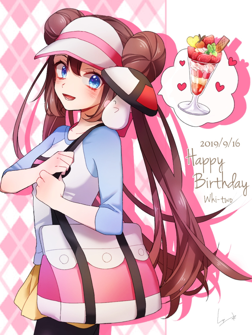 1girl 2019 :d black_legwear blue_eyes blue_sleeves blush brown_hair character_name dated double_bun floating_hair hair_between_eyes happy_birthday highres long_hair long_sleeves mei_(pokemon) miniskirt on_shoulder open_mouth pantyhose pokemon pokemon_(creature) pokemon_on_shoulder pokemon_special print_shirt shiny shiny_hair shirt signature skirt smile solo speech_bubble standing very_long_hair visor_cap whi-two_(pokemon) white_shirt yellow_skirt yuuki_(yuuk_yume)