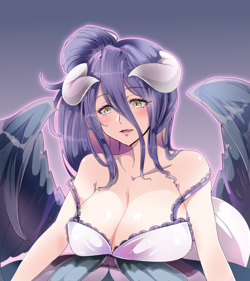 1041_(toshikazu) 1girl ahoge albedo babydoll bare_shoulders black_hair black_wings breast_rest breasts cleavage demon_girl demon_horns folded_ponytail frills hair_between_eyes hair_bun hair_up highres horns large_breasts long_hair looking_at_viewer nightgown off_shoulder overlord_(maruyama) purple_background simple_background slit_pupils smile solo spaghetti_strap strap_slip wings yellow_eyes