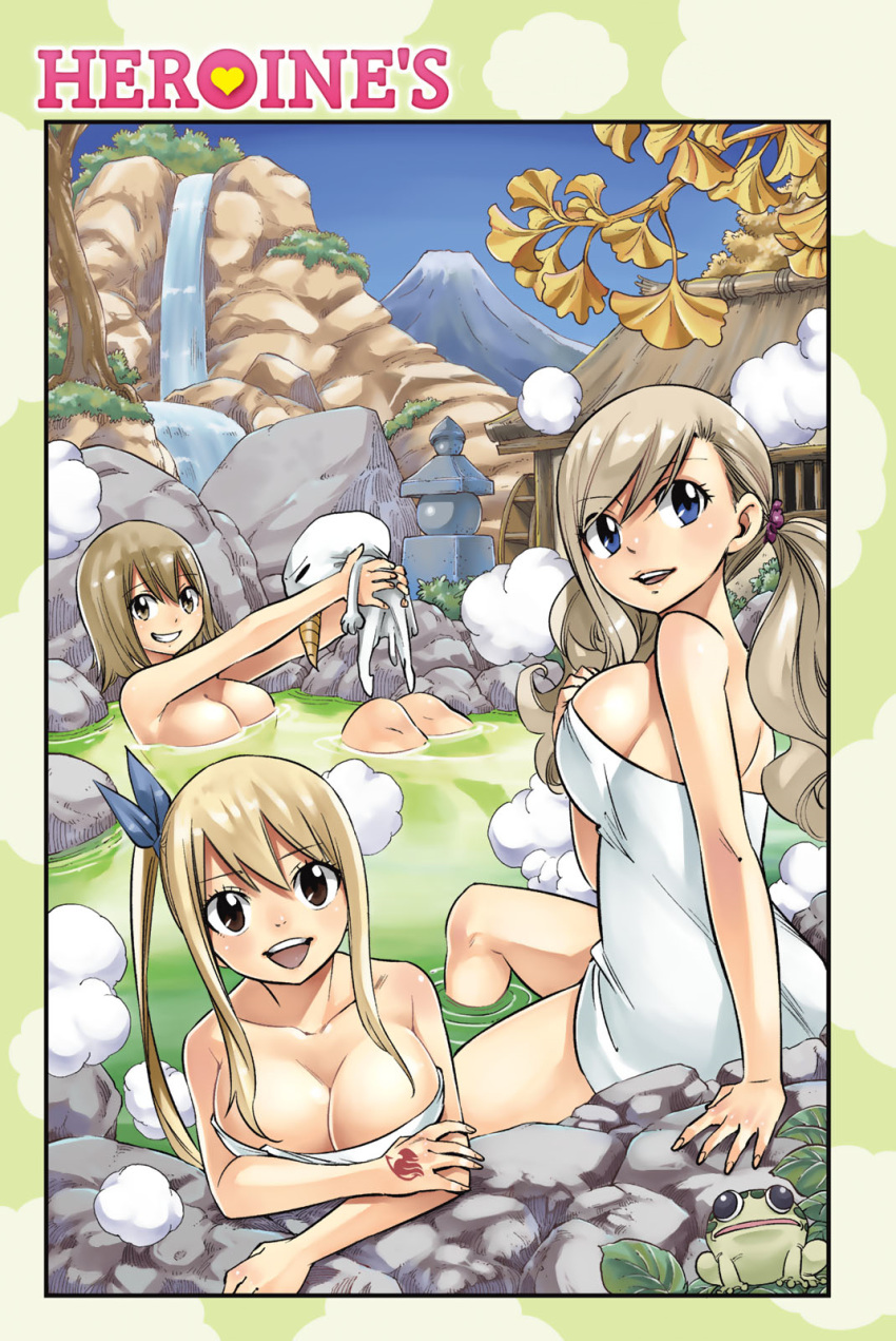 3girls :d bangs blonde_hair blue_bow blue_eyes bow breasts brown_eyes cleavage collarbone day eden's_zero elie_(rave) eyebrows_visible_through_hair fairy_tail frog hair_between_eyes hair_bow highres large_breasts long_hair looking_at_viewer lucy_heartfilia mashima_hiro multiple_girls naked_towel official_art onsen open_mouth outdoors partially_submerged plue rave rebecca_(eden's_zero) shiny shiny_hair short_hair shoulder_blades side_ponytail sideboob silver_hair sitting smile steam towel twintails white_towel