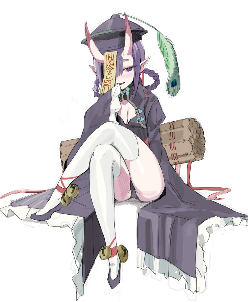 1girl absurdres ankle_ribbon bangs bell black_dress black_footwear blush breasts china_dress chinese_clothes cleavage_cutout crossed_legs dress eyeliner fangs fate/grand_order fate_(series) freng hair_rings hat heroic_spirit_festival_outfit highres horns jiangshi jingle_bell legs looking_at_viewer makeup ofuda oni oni_horns open_mouth peacock_feathers pointy_ears purple_eyes purple_hair qing_guanmao red_ribbon ribbon short_eyebrows short_hair shuten_douji_(fate/grand_order) sitting skin-covered_horns thighhighs white_legwear wide_sleeves