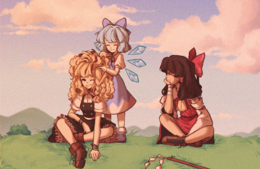 3girls ^_^ ankle_boots bandaged_arm bandages black_dress blonde_hair blue_bow blue_hair boots bow bracelet braid brown_hair chin_rest cirno closed_eyes cloud collared_shirt cross-laced_footwear detached_sleeves dress frilled_skirt frills gohei grass grin hakurei_reimu happy hill ice ice_wings indian_style jewelry kirisame_marisa lace-up_boots linmiee long_hair looking_at_another lovestruck messy_hair motherly multiple_girls outdoors playing_with_another's_hair red_shirt red_skirt shirt short_hair short_sleeves side_braid single_braid sitting sitting_on_ground skirt skirt_set sky smile touhou wavy_hair wide_sleeves wings