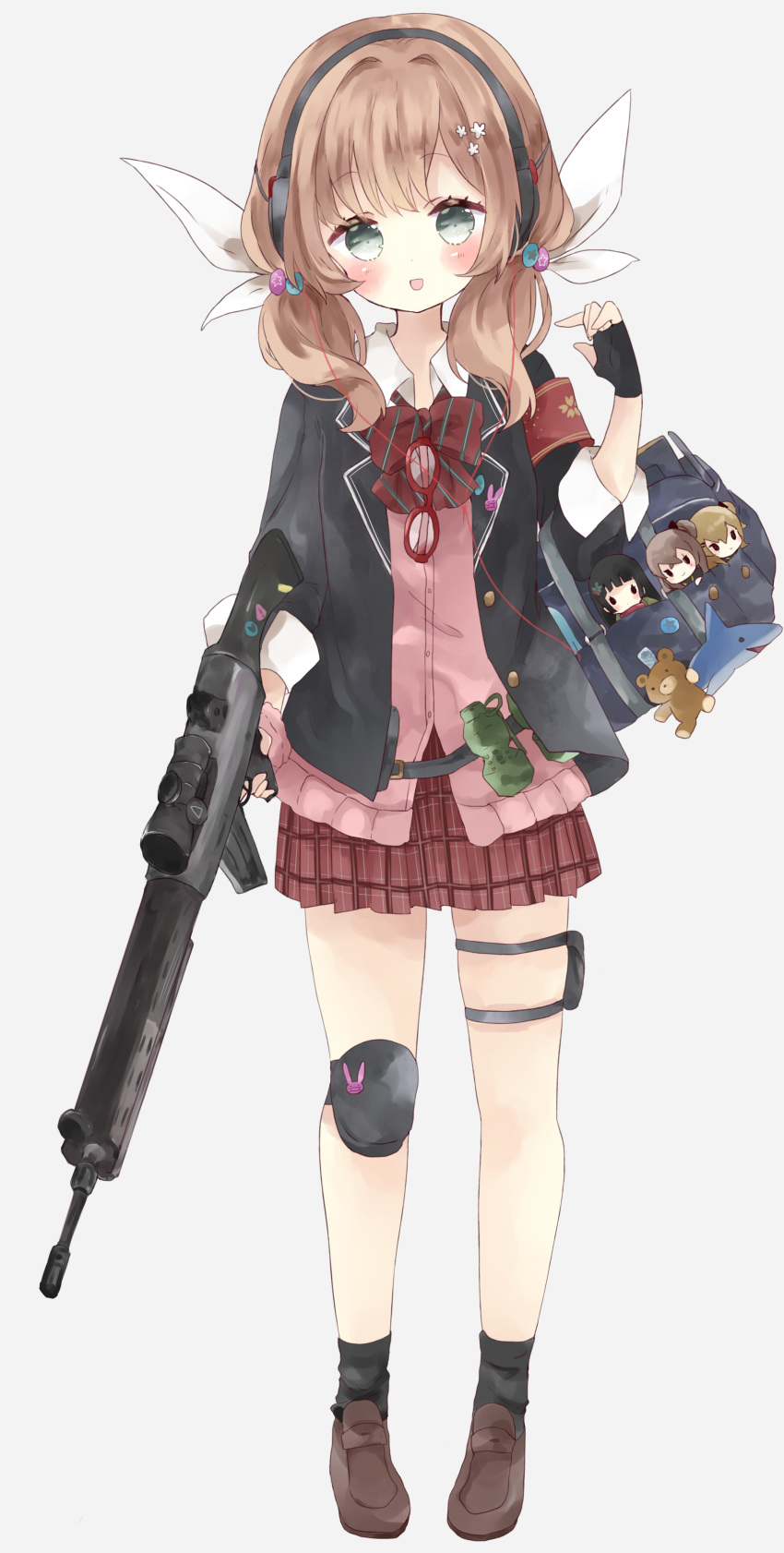 1girl :d absurdres armband bag bag_charm black_gloves black_jacket black_legwear blazer blush bow brown_footwear brown_hair character_doll character_request charm_(object) collared_shirt commentary_request diagonal_stripes explosive fingerless_gloves full_body girls_frontline gloves green_eyes grenade grey_background gun hand_up highres holding holding_gun holding_weapon jacket knee_pads loafers long_hair low_twintails open_blazer open_clothes open_jacket open_mouth pink_cardigan plaid plaid_skirt pleated_skirt red_bow red_skirt shirt shoes simple_background single_knee_pad skirt smile socks solo standing striped striped_bow stuffed_animal stuffed_toy teddy_bear tsukiyo_(skymint) twintails type_100_(girls_frontline) ump45_(girls_frontline) ump9_(girls_frontline) weapon weapon_request white_shirt