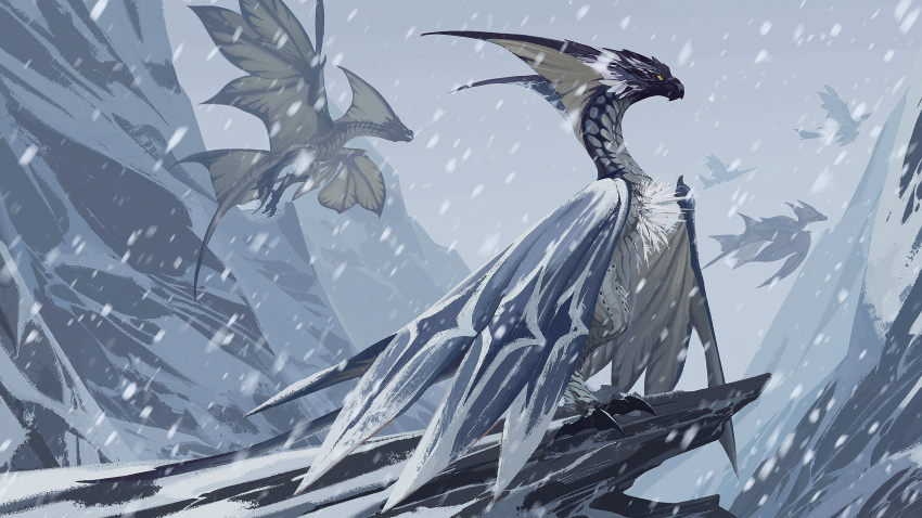 ambiguous_gender biped black_claws blue_body capcom claws countershade_torso countershading detailed_background dragon feral flying flying_wyvern folded_wings g-c06 group hi_res legiana long_neck long_tail monster_hunter mountain mountain_range shaded snow snowing spread_wings standing talons tan_body video_games wings wyvern yellow_eyes