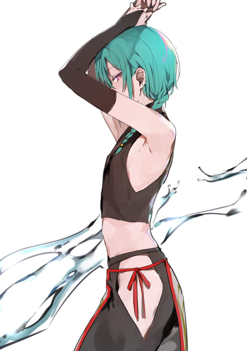 1other androgynous armpits arms_on_head bare_hips braid from_side green_hair highres konbu_wakame midriff nijisanji profile purple_eyes ryuushen short_hair virtual_youtuber