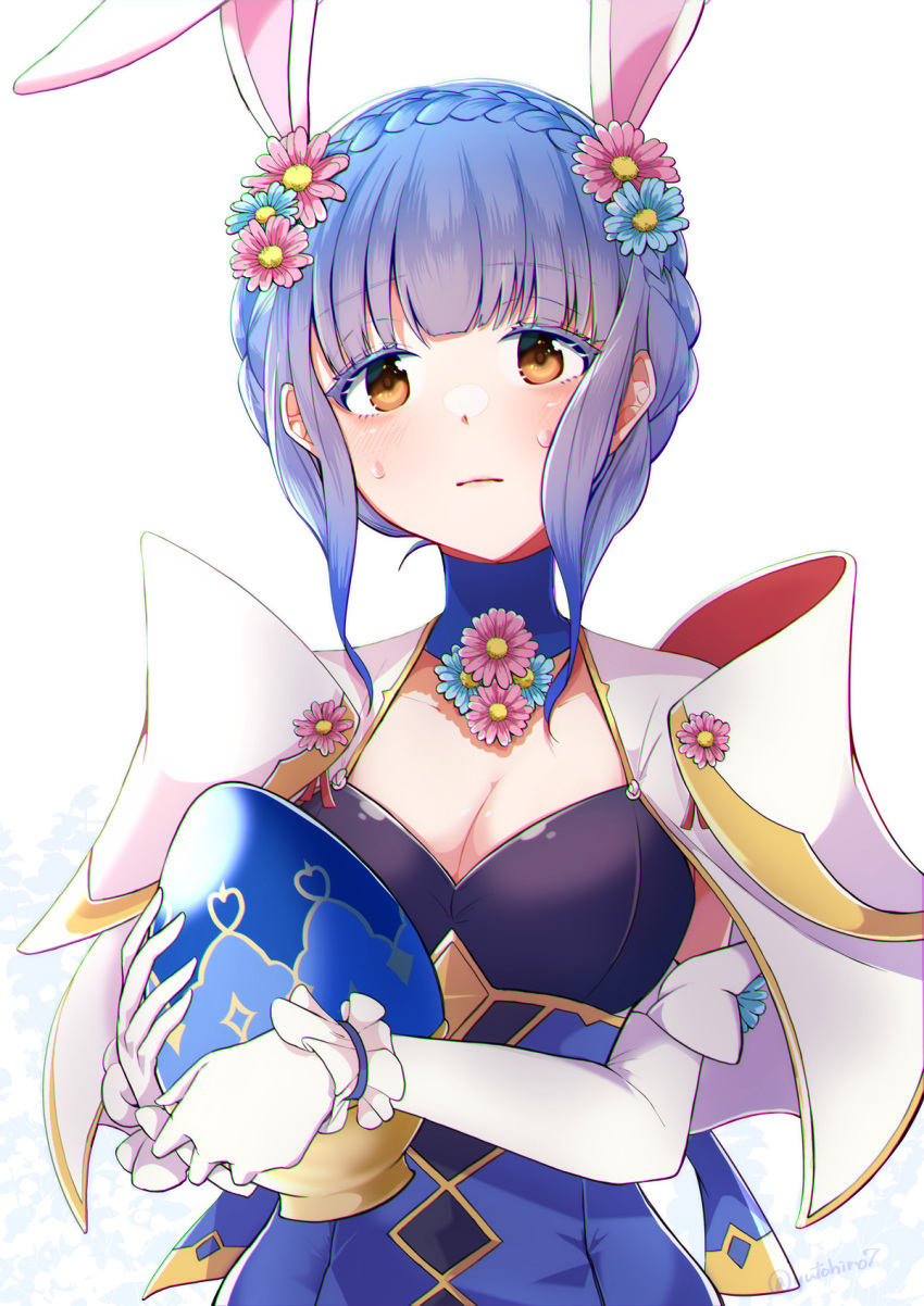 1girl animal_ears blue_hair braid breasts brown_eyes bunny_ears cleavage closed_mouth crown_braid easter_egg egg elbow_gloves fake_animal_ears fire_emblem fire_emblem:_three_houses fire_emblem_heroes flower gloves hair_flower hair_ornament highres holding marianne_von_edmund simple_background solo twitter_username upper_body white_background white_gloves yutohiroya