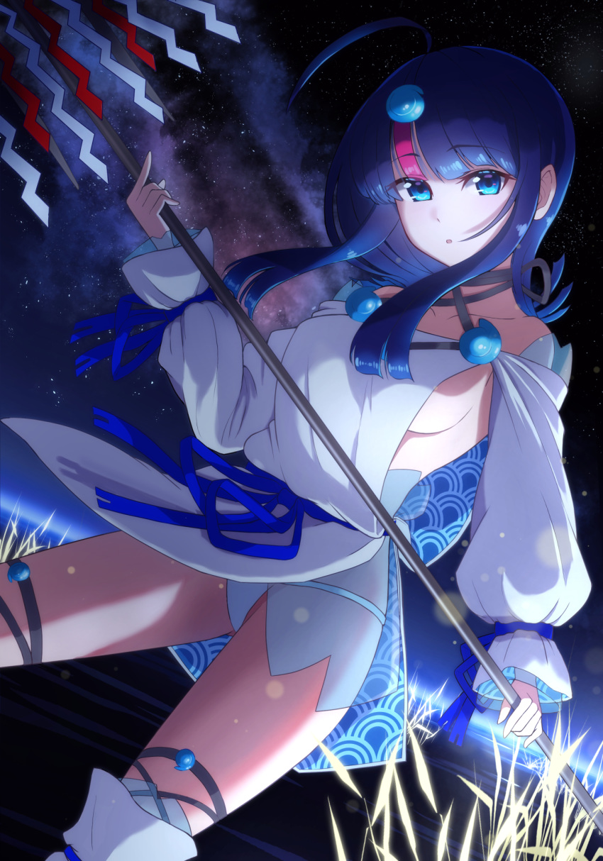 1girl bangs bare_shoulders black_hair blue_eyes blue_ribbon breasts collarbone detached_leggings dress fate/grand_order fate/requiem fate_(series) fundoshi highres inari_(ambercrown) japanese_clothes jewelry large_breasts long_sleeves looking_at_viewer magatama magatama_hair_ornament medium_hair multicolored_hair necklace night night_sky open_mouth pelvic_curtain pink_hair polearm puffy_long_sleeves puffy_sleeves ribbon short_dress sideboob sideless_outfit sky spear star_(sky) starry_sky streaked_hair thighs utsumi_erise wading water weapon white_dress white_legwear