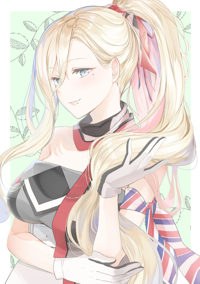 1girl alternate_hairstyle blonde_hair blue_eyes breasts dress gloves hair_between_eyes highres kantai_collection large_breasts lips long_hair mole mole_under_eye mole_under_mouth ponytail richelieu_(kantai_collection) simple_background sleeveless sleeveless_dress smile solo upper_body yunamaro
