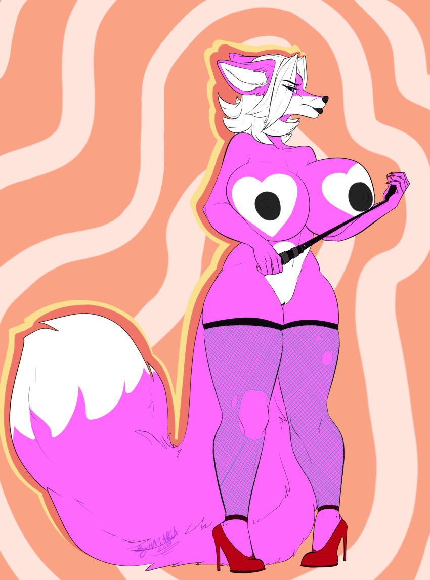 abstract_background anthro big_breasts black_nipples black_pussy blue_eyes breasts canid canine canis clothing female fishnet fishnet_legwear footwear fur genitals hair hatarla hi_res high_heels huge_breasts legwear looking_at_viewer mammal nipples pink_body pink_fur pussy riding_crop shoes solo whip white_hair wolf yuni_hermit