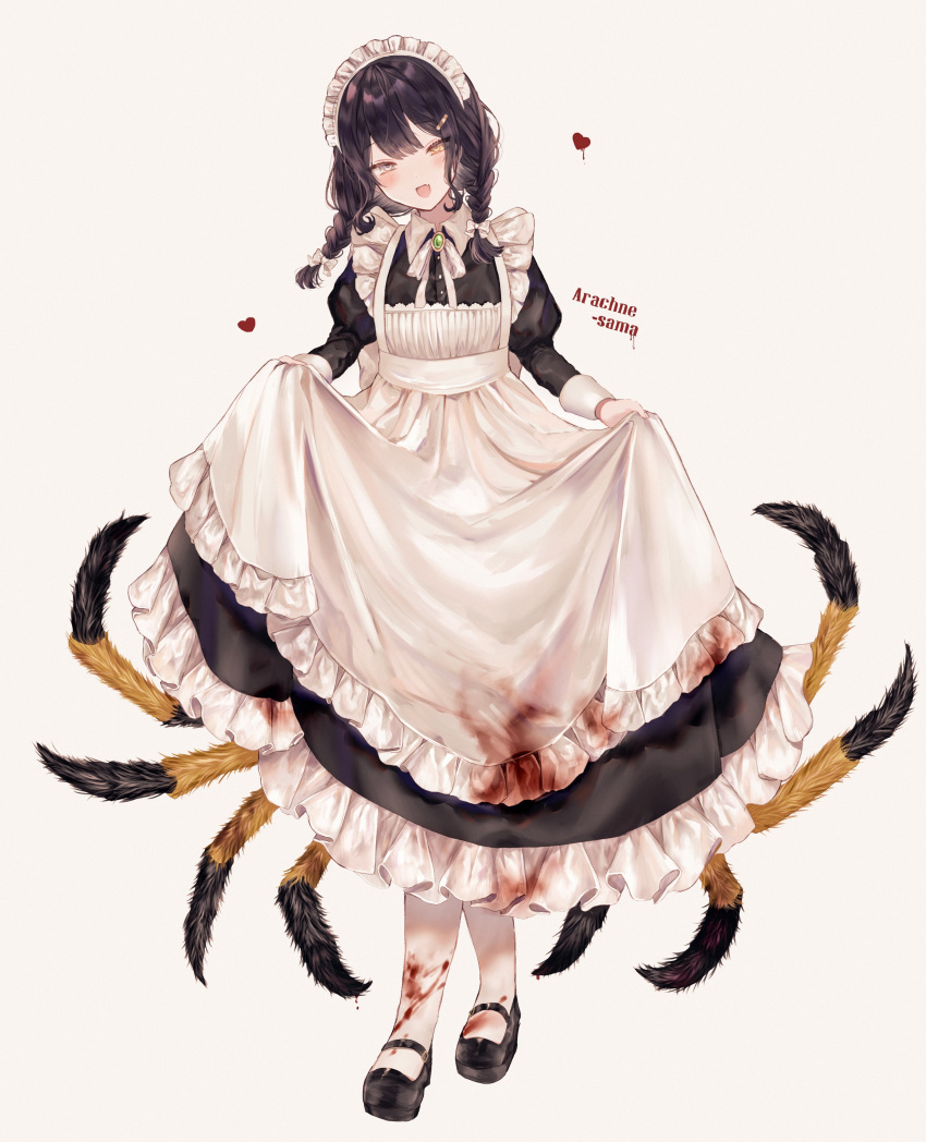 1girl absurdres apron beige_background black_footwear black_hair blood bloody_clothes blush braid commentary_request dress eyebrows_visible_through_hair fang hair_ornament hairclip heart highres insect_girl long_dress long_sleeves looking_at_viewer maid maid_apron maid_headdress original pantyhose puffy_sleeves red_eyes ribbon shoes simple_background solo spider_girl tarantula twin_braids white_apron white_legwear white_ribbon y_o_u_k_a yellow_eyes