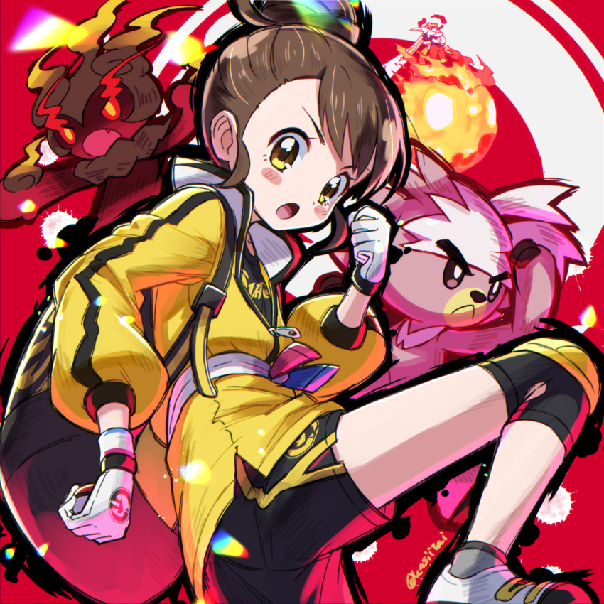 1girl :o alternate_hairstyle backpack bag black_shorts blush_stickers brown_hair cinderace clenched_hand commentary_request fighting_stance fire gen_7_pokemon gen_8_pokemon gloves hair_bun holding holding_poke_ball jacket kingin knee_pads kubfu legendary_pokemon long_sleeves marshadow mythical_pokemon open_mouth poke_ball poke_ball_(generic) pokemon pokemon_(creature) pokemon_(game) pokemon_swsh puffy_long_sleeves puffy_sleeves serious shoes shorts sneakers sportswear twitter_username white_gloves yellow_eyes yellow_jacket yuuri_(pokemon)