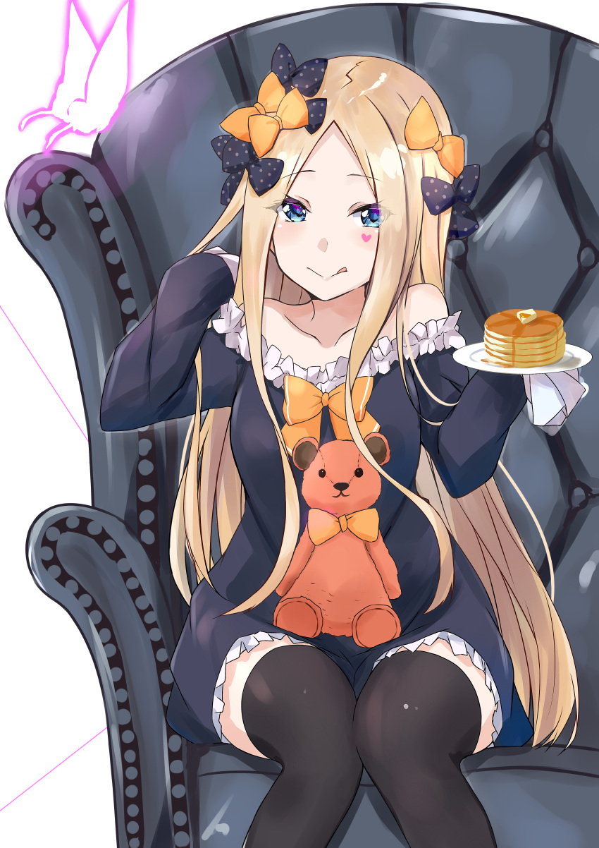 1girl abigail_williams_(fate/grand_order) absurdres bangs black_bow black_dress black_legwear blonde_hair blue_eyes bow breasts dress fate/grand_order fate_(series) food forehead hair_bow highres long_hair multiple_bows off-shoulder_dress off_shoulder orange_bow pancake parted_bangs plate polka_dot polka_dot_bow saku_(kudrove) sitting sleeves_past_fingers sleeves_past_wrists small_breasts stuffed_animal stuffed_toy teddy_bear thighhighs thighs