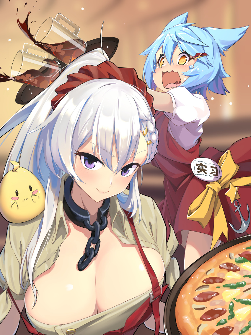 2girls absurdres amigo_(hua_cao) anchor_symbol animal_ears animal_on_shoulder apron azur_lane badge bangs belfast_(azur_lane) bird blue_hair blurry blurry_background blush braid breasts broken broken_chain brown_dress button_badge buttons chain chick cleavage collar collarbone collared_dress commentary cowboy_shot cup dress drink drinking_glass english_commentary eyebrows_visible_through_hair food fox_ears french_braid fubuki_(azur_lane) hair_between_eyes hair_ornament hair_ribbon hairclip highres holding holding_food ice ice_cube indoors large_breasts long_hair looking_at_viewer manjuu_(azur_lane) multiple_girls off_shoulder open_mouth pizza ponytail puffy_short_sleeves puffy_sleeves purple_eyes red_apron red_dress red_ribbon ribbon shirt short_hair short_sleeves sidelocks smile standing tears tongue tray tripping upper_body wavy_mouth white_hair white_shirt yellow_eyes yellow_ribbon