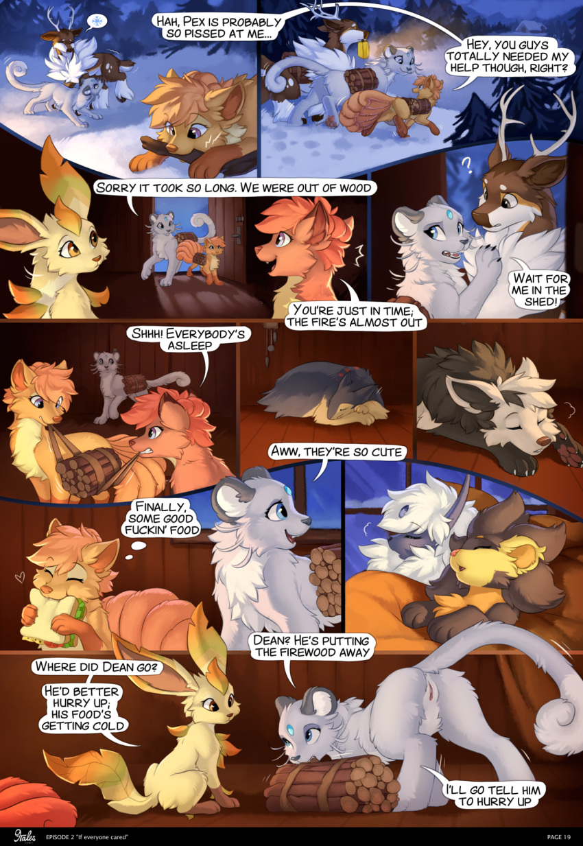 2020 9tales_comic ? absol alolan_persian anus blue_eyes breanna_(9tales) brown_body brown_eyes brown_fur butt canid canine cervid cheek_tuft chest_tuft comic countershade_torso countershading dean_(9tales) dialogue digital_media_(artwork) digitigrade eeveelution english_text erin_(9tales) facial_tuft fallie_(9tales) fangs felicity_(9tales) felid feline female feral fluffy freckles fur genitals grey_eyes group hi_res hioshiru inside kalani_(9tales) kejifox leaf_ears leaf_tail leafeon luxray male mammal mightyena night nintendo orange_body orange_fur outside pex_(9tales) pok&eacute;mon pok&eacute;mon_(species) profanity pussy raised_tail regional_form_(pok&eacute;mon) sammy_(9tales) sawsbuck snow speech_bubble text tuft typhlosion video_games vulpix white_body winter_sawsbuck