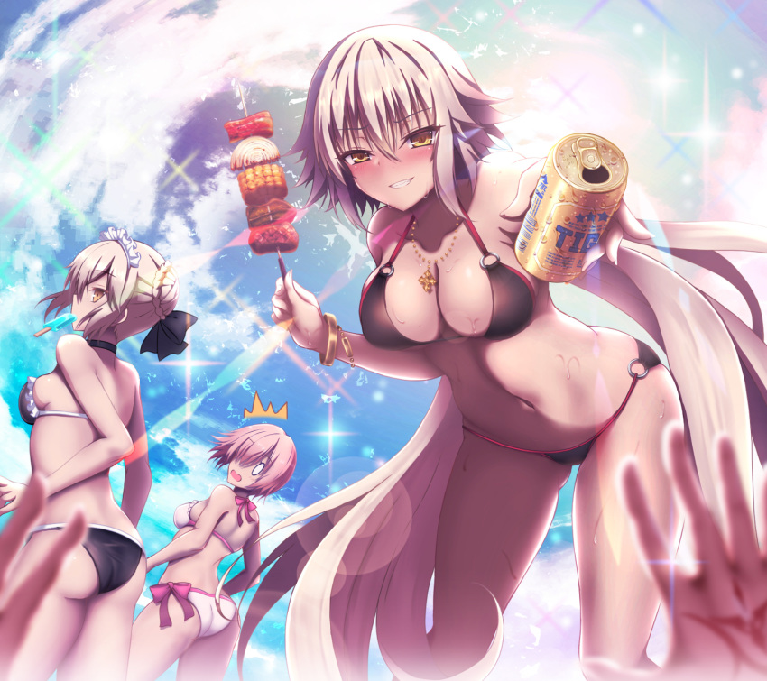 /\/\/\ 0_0 1boy 3girls :d adapted_costume akina_t artoria_pendragon_(all) artoria_pendragon_(swimsuit_rider_alter) ass ass_visible_through_thighs bare_shoulders beer_can bent_over bikini black_bikini black_bow black_choker blonde_hair blurry blurry_foreground bow breasts brown_eyes can choker cleavage cloud collarbone command_spell day depth_of_field eyebrows_visible_through_hair fate/grand_order fate_(series) food frilled_bikini frills fujimaru_ritsuka_(male) grin hair_bow hair_bun hair_over_one_eye highres jeanne_d'arc_(alter_swimsuit_berserker) jeanne_d'arc_(fate)_(all) jewelry lens_flare long_hair looking_at_viewer looking_back maid_headdress mash_kyrielight meat medium_breasts mouth_hold multiple_girls navel necklace o-ring o-ring_bikini onion open_mouth outdoors outstretched_arm pink_bow pink_hair popsicle pov short_hair side-tie_bikini silver_hair skewer small_breasts smile sparkle stomach sunlight surprised swimsuit swimsuit_of_perpetual_summer teeth v-shaped_eyebrows very_long_hair white_bikini